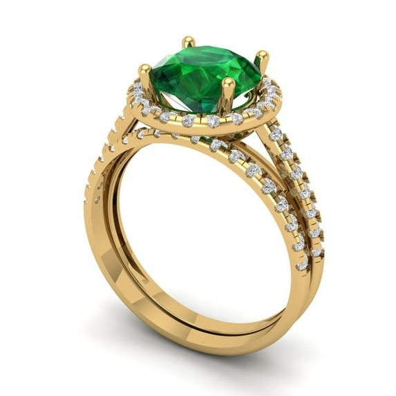 2.56ct Brilliant Round Cut Emerald 18K Yellow Gold Halo Solitaire with Accents Engagement Bridal Wedding Ring Band Set size 6.25