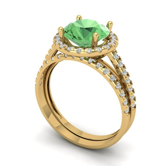 2.56ct Brilliant Round Cut Green Zircon 14k Yellow Gold Halo Solitaire with Accents Engagement Bridal Wedding Ring Band Set size 4