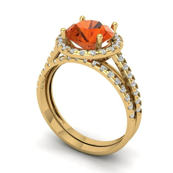 2.56ct Brilliant Round Cut Red Zircon 18K Yellow Gold Halo Solitaire with Accents Engagement Bridal Wedding Ring Band Set size 9.5