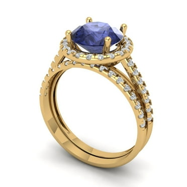 2.56ct Brilliant Round Cut Tanzanite 14k Yellow Gold Halo Solitaire with Accents Engagement Bridal Wedding Ring Band Set size 8.5