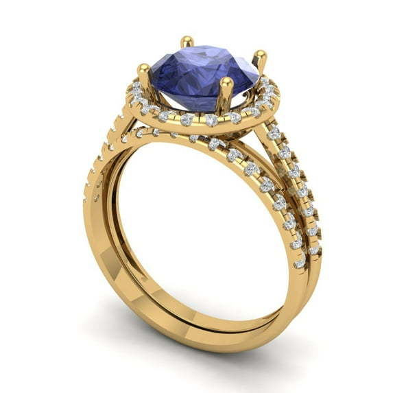 2.56ct Brilliant Round Cut Tanzanite 18K Yellow Gold Halo Solitaire with Accents Engagement Bridal Wedding Ring Band Set size 11