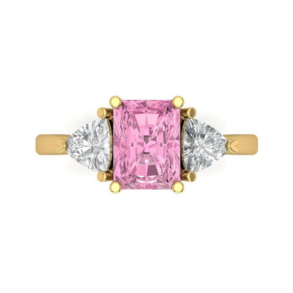 Clara Pucci 14K Yellow Gold Solid Gold Pink Three-Stone Anniversary Ring for Women - 2.82 cttw Emerald Cut