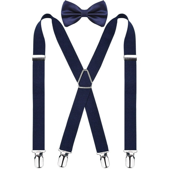 2.5CM Men's Solid Formal Banded Bow tie & Suspenders Sets 4-Clip