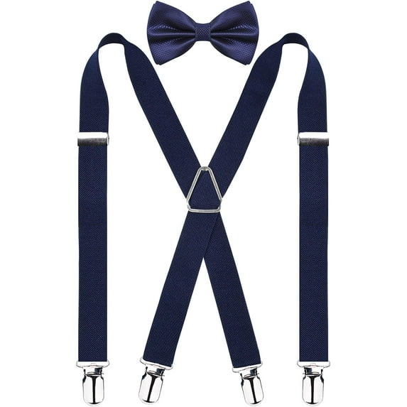 2.5CM Men's Solid Formal Banded Bow tie & Suspenders Sets 4-Clip