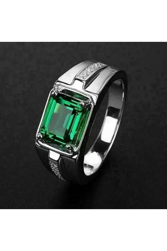 2.5Ct Emerald Lab Created Green Emerald Men's Wedding Band Ring 14K White Gold Plated Silver