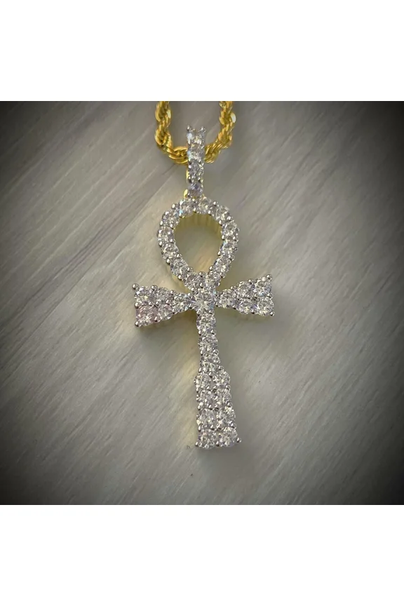 2.5Ct Round Moissanite Ankh Cross Pendant Necklace 14K Yellow Gold Plated Silver