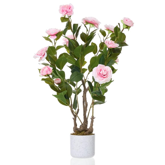 2.5FT Artificial Camellia Tree, Realistic Faux Plant in Pot with Flowers, Artificial Plants for Spring Home Decor Outdoor Porch Front Door Decor