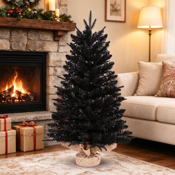 EDOEMSE Compact 30-Inch Black Tabletop Christmas Tree 265 branch tips with weighted burlap base for mantels