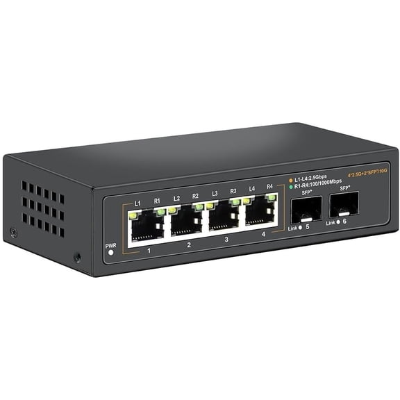 2.5G Unmanaged Ethernet with 4 x 2.5G Base-T Ports and 2 x 10G SFP+ Uplink Ports, Compatible with 100/1000/2500Mbps, Fanlesss Design, Plug & Play, Metal 2.5Gb Network