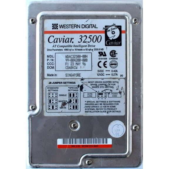 2.5GB IDE HDD CAVIAR PN: 99-004200-000, CCC: F1 23MAY96, DCM: CDABKCW