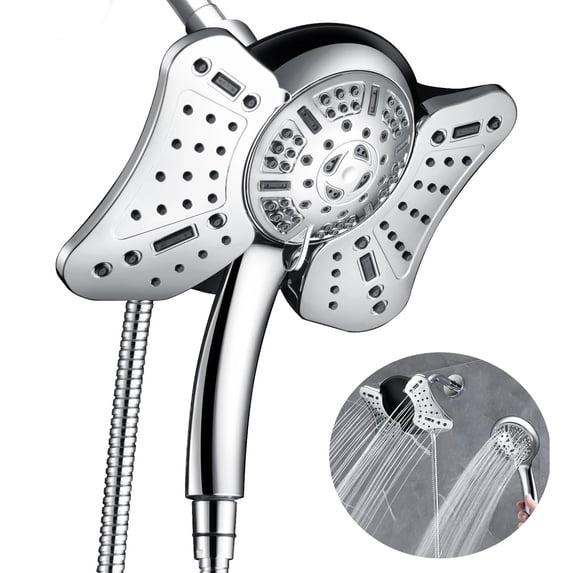 KESTE High Pressure Shower Head, 2 in 1 Rainfall Shower Heads with 9 Mode Adjustable Handheld Showerhead, Dual Showerhead with Anti-Clog Nozzles and 60” Hose, Silver