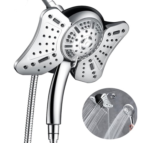 KESTE High Pressure Shower Head, 2 in 1 Rainfall Shower Heads with 9 Mode Adjustable Handheld Showerhead, Dual Showerhead with Anti-Clog Nozzles and 60” Hose, Silver