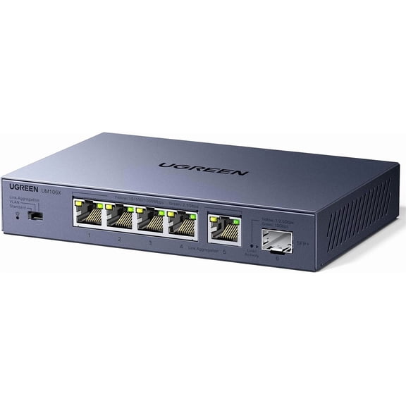 2.5Gb Switch, 6-Port Ethernet Switch, 5 x 2.5Gb + 1 x 10Gb SFP+, Standard/Link Aggregation to 5Gbps/VLAN 3 Modes, Plug & Play Metal Unmanaged Ethernet Splitter, Desktop/Wall Mount, for NAS, PC