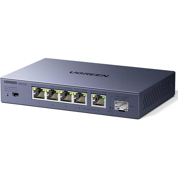 2.5Gb Switch, 6-Port Ethernet Switch, 5 x 2.5Gb + 1 x 10Gb SFP+, Standard/Link Aggregation to 5Gbps/VLAN 3 Modes, Plug & Play Metal Unmanaged Ethernet Splitter, Desktop/Wall Mount, for NAS, PC