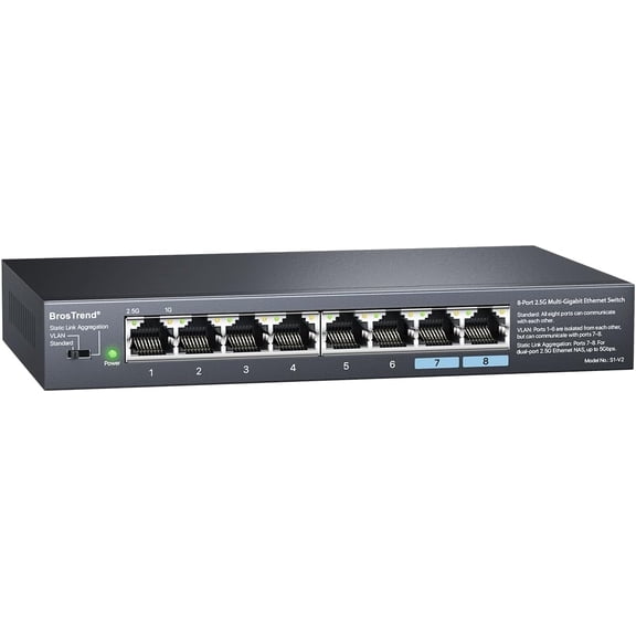 2.5Gb Switch, Unmanaged 8 Port Ethernet Switch 2.5 Gigabit Supports Static Link Aggregation & VLAN, Fanless, Desktop Wall Mount, Multi Gig Splitter for Gaming, NAS, PC, Lifetime Protection