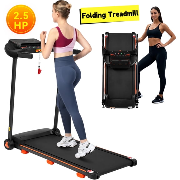 2.5HP Folding Treadmill with Heart Rate Sensor, 300LB Capacity, 7.5MPH Speed, Incline, USB Charging Station for Android, Bluetooth Speaker, 6 Shock Absorbers