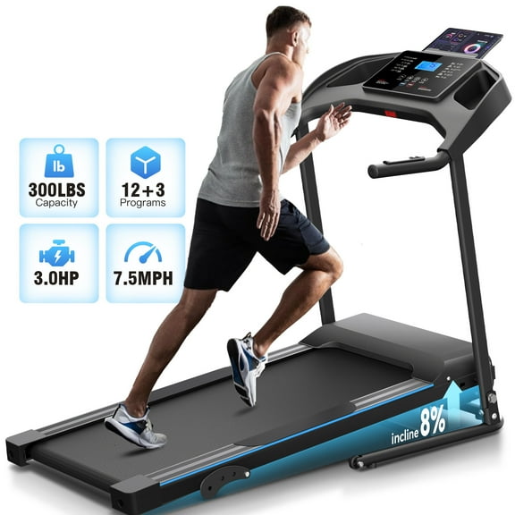 Portable Folding Treadmill with Adjustable Incline,3.0HP Running Machine for Home 0.6-7.5MPH Speed Range,300 lb Capacity,12 3 Programs