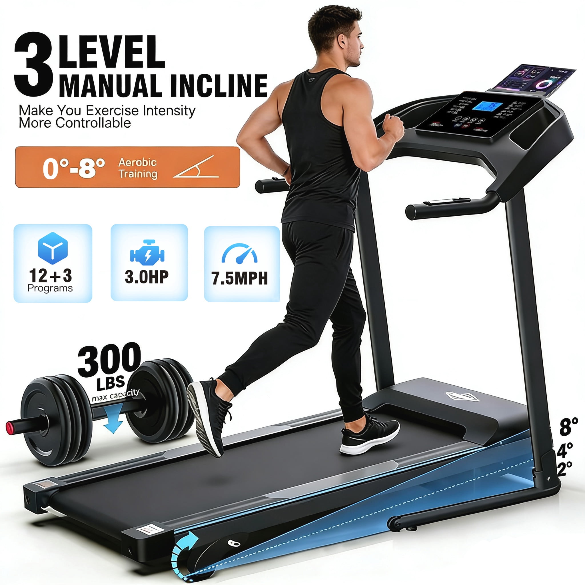 Portable Folding Treadmill with Adjustable Incline,3.0HP Running Machine for Home 0.6-7.5MPH Speed Range,300 lb Capacity,12+3 Programs