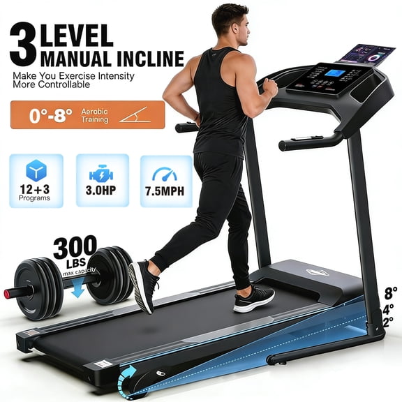 Portable Folding Treadmill with Adjustable Incline,3.0HP Running Machine for Home 0.6-7.5MPH Speed Range,300 lb Capacity,12 3 Programs