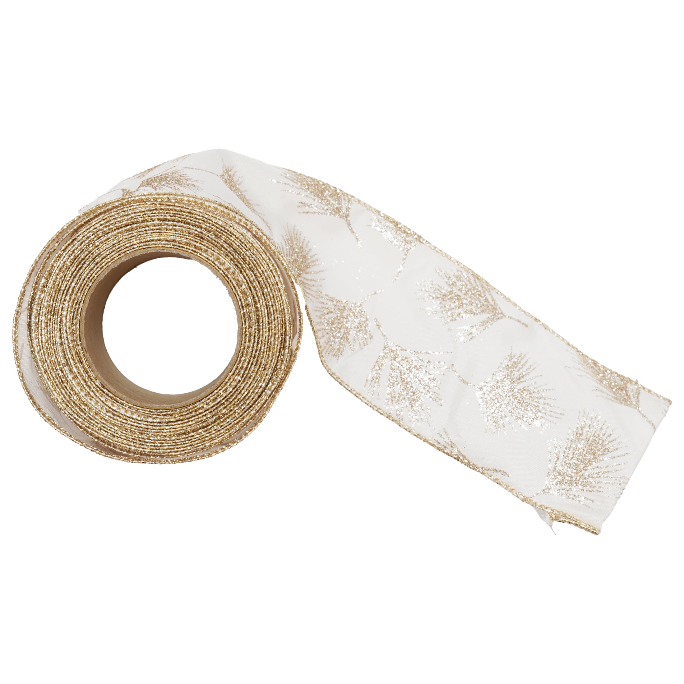 Cream and Gold Glitter Pine Sprig Christmas Ribbon, 2.5" x 25', by Holiday Time