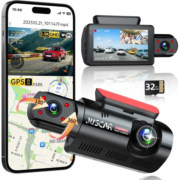 2.5K+1080P Dual Dash Cam Front and Inside, WiFi & GPS Dash Camera for Cars with 32G Card, IR Night Vision, 3" IPS Screen, Inside Car Camera for Taxi Driver, Support 256GB Max, App Control