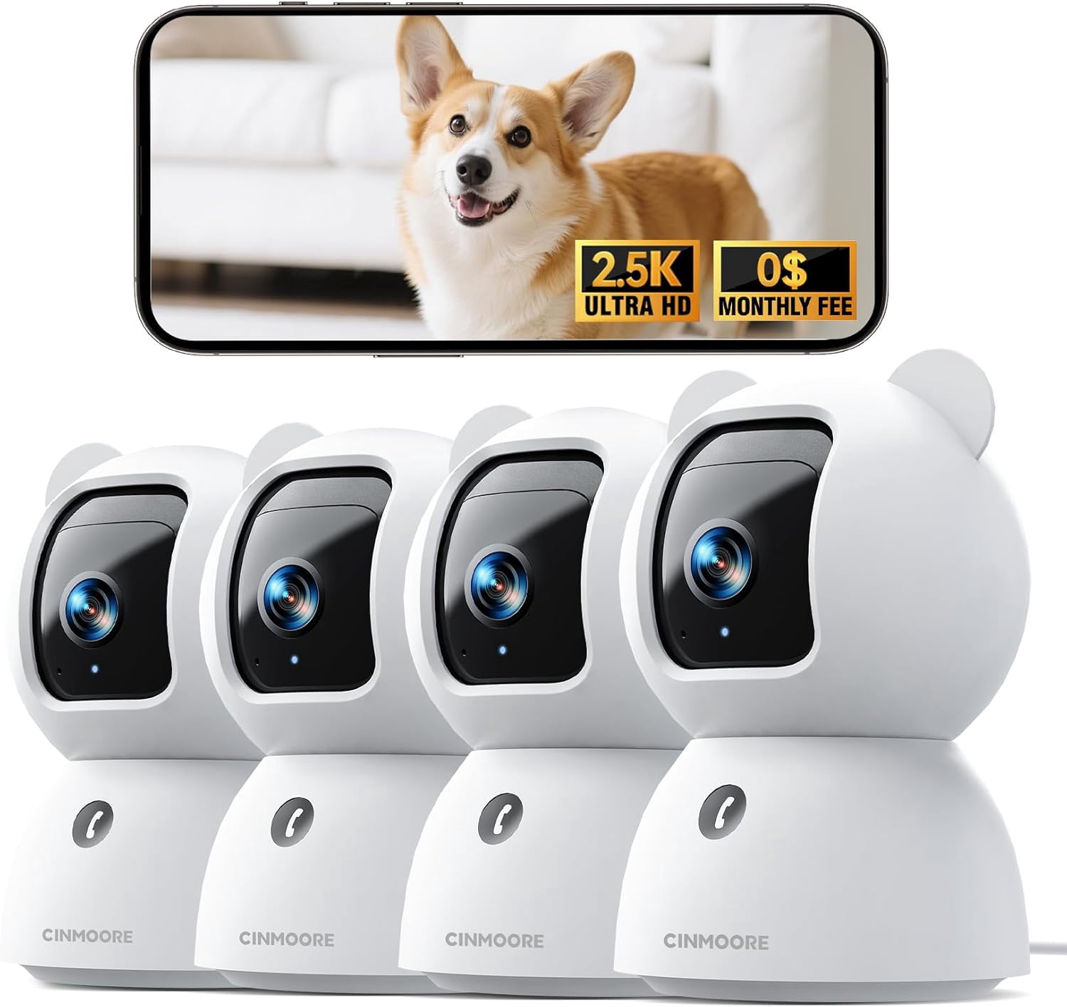 2.5K Indoor Security Camera 4pack, Non-Subscription AI Person/Pet/Cry Detection, 4MP Pet/Dog/Cat/Baby Camera w/Phone App, Pan Tilt WiFi, Night Vision, Full Duplex Audio for Home Security