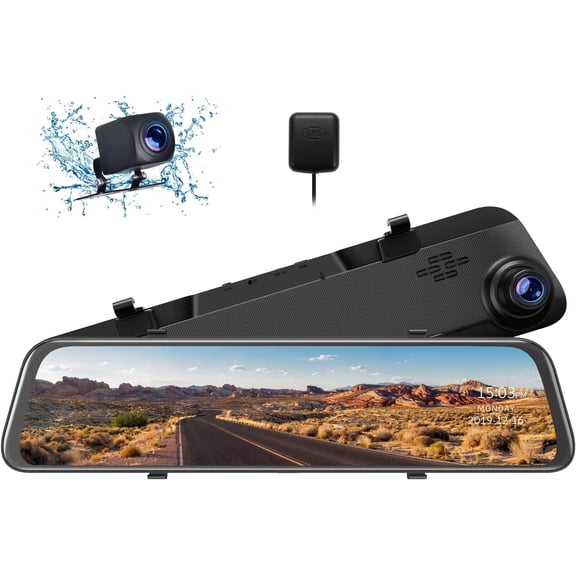 2.5K Mirror Dash Cam with Backup Camera and GPS, 12" Voice Control Touch Screen Front and Rear Dual Monitoring Waterproof Backup Camera with Parking Assistance Night Vision for Car Truck