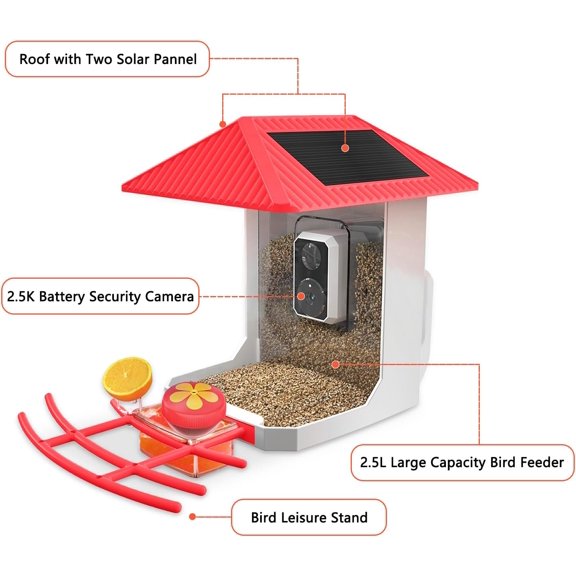 2.5K Smart Bird Feeder with Camera, 5GHz & 2.4GHz Birds Watching Camera with AI Identify Bird Species, Outdoor Birds Feeder House with Solar Panel for BirdLovers (Red)