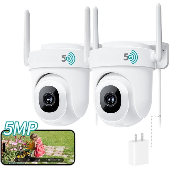 2.5K Wired Cameras for , 2.4G/5G WiFi Outdoor Camera, 5MP, 24/7 Recording, AI Motion Detection, Cloud & SD Card Storage, 2-Way Audio, 360? PTZ Auto - 2-Pack