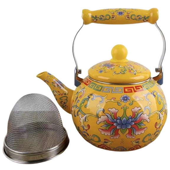 2.5L Enamel Teapot with Infuser, Stovetop Floral Tea Kettle with Ceramic Handle for Home Camping(Yellow)