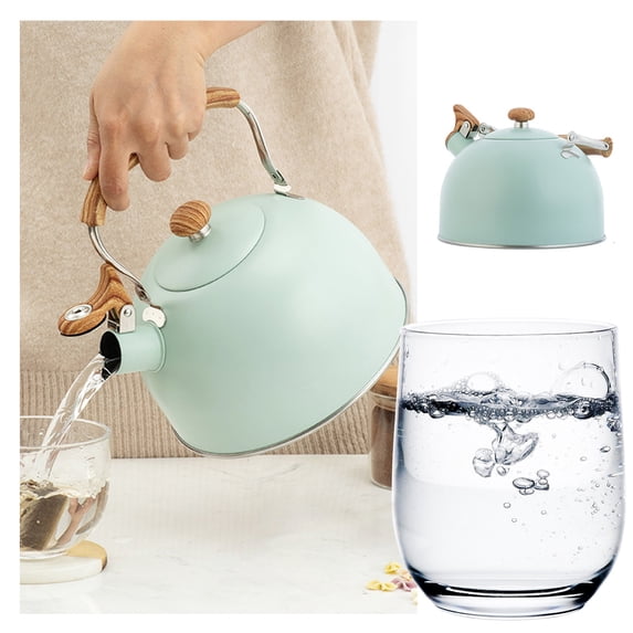 2.5L Whistling Tea Kettle Tea Pots, Stainless Steel Kettle with Wood Pattern Folding Handle Whistle Kettle for Tea Coffee , Compatible with Gas and Induction Cooktops ,Green