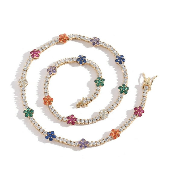 2.5MM Flower-Design Colorful Necklace for Women 18K Gold Plated Round Cut Lab Diamond Tennis Necklace Chain CZ Necklaces for Women