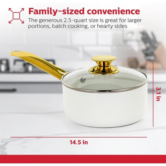 2.5QT Ceramic Non-Stick Sauce Pan with Lid, Multipurpose Sauce Pan for Simmering & Boiling, Stainless Steel Golden Handle, Induction, Gas & Electric Compatible, White and Gold
