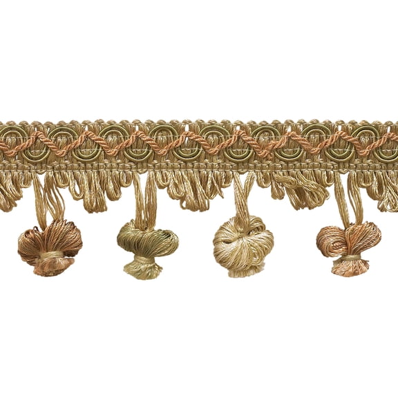2" (5cm) Imperial Collection Scroll Gimp and Scalloped Loop onion Tassel Fringe Trim # NT2503,, Prairie Beige #3853 (Light Beige, White Ivory, Light Orange) Sold By The Yard (36"/3 ft/0.9m)