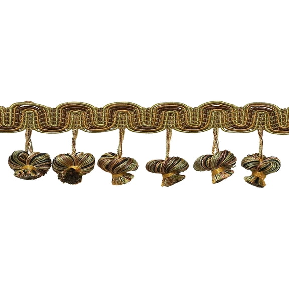 2" (5cm) Imperial Coolection Multi Scroll Header and Onion Tassel Fringe Trim # TFB2,, Golden Beige Brown #5207 (Light Brown, Dark Beige, Dark Gold) Sold By The Yard (36"/3 ft/0.9m)