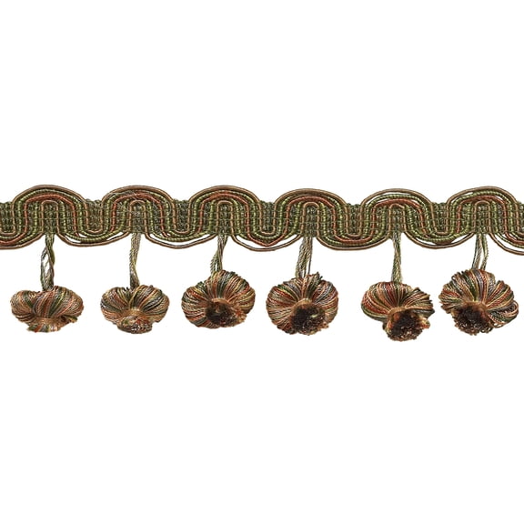 2" (5cm) Imperial Coolection Multi Scroll Header and Onion Tassel Fringe Trim # TFB2,, Olive Beige Brown #5615 (Light Brown, Dark Beige, Olive Green) Sold By The Yard (36"/3 ft/0.9m)