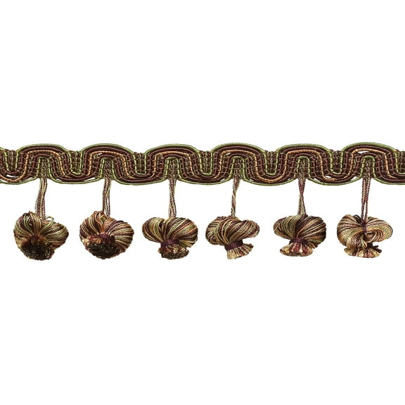 2" (5cm) Imperial Coolection Multi Scroll Header and Onion Tassel Fringe Trim # TFB2,, Rose Olive Green #7346 (Olive Green, Sage Green, Rose Pink) Sold By The Yard (36"/3 ft/0.9m)