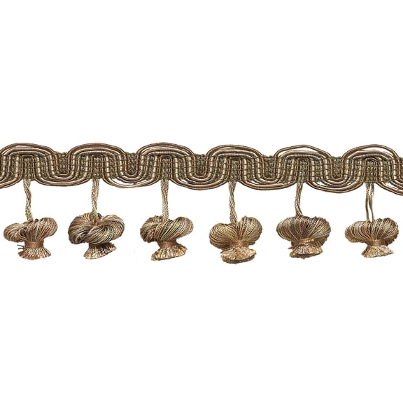 2" (5cm) Imperial Coolection Multi Scroll Header and Onion Tassel Fringe Trim # TFB2,, Taupe Beige #7245 (Light Beige, Dark Beige) 5 Yards (15 ft/4.5m)