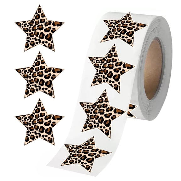 2.5cm Star Stickers Roll in Retro Leopard Print, Adhesive Labels for Package Wrap, Journal Pages, File Tabs and Decor Ideas
