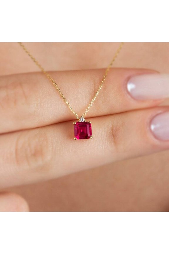 2.5ct Asscher Cut Ruby Women's Elegant Pendant Chain 14K Yellow Gold Plated 18"