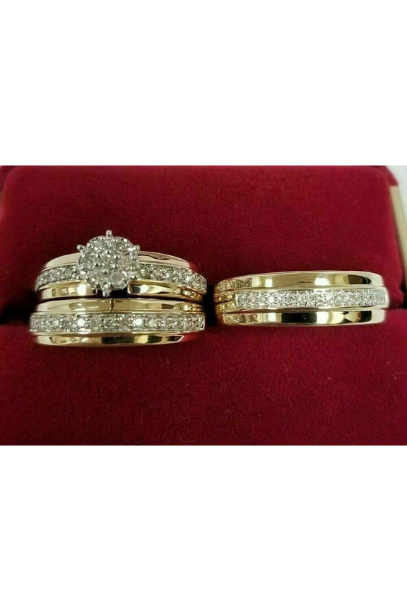 2.5ct Round Cut Diamond His & Her Engagement Trio Ring Set in 14k Yellow Gold Plated Silver -5