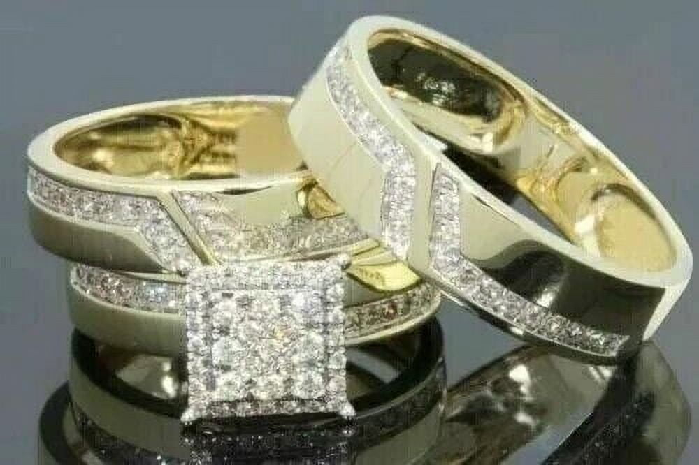 SILVER STARS GEMS & JEWELLERY 2.5ct Simulated Diamond 14k Yellow Gold Plated Engagement Wedding His Her Trio Ring Set