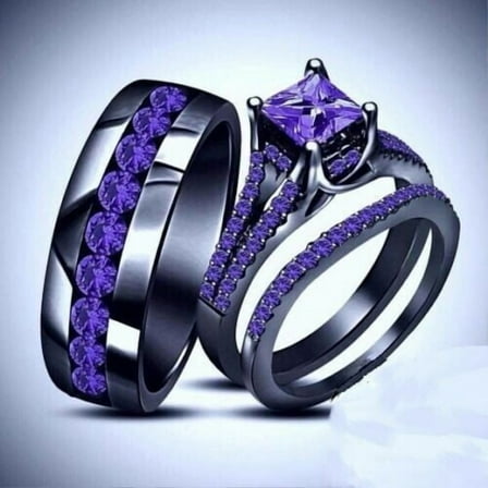 2.5ct Simulated Purple Amethyst Trio Set His Her Bridal Band Ring 14k Black Gold Plated Silver