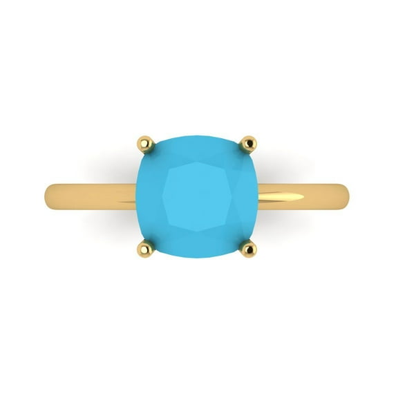 2.5 ctw Solitaire Anniversary Ring for Women | Cushion Cut Simulated Turquoise | Hyperallergenic Solid 14K Yellow Gold