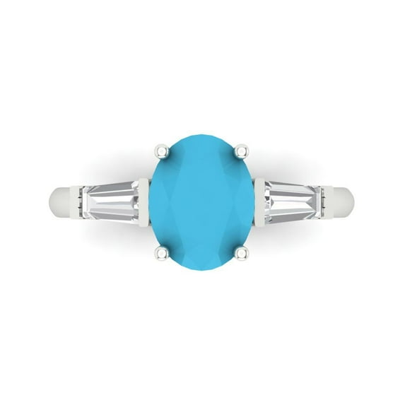 2.5 ct Oval Cut Simulated Turquoise 3 Stone 14K White Gold Womens Engagement Ring