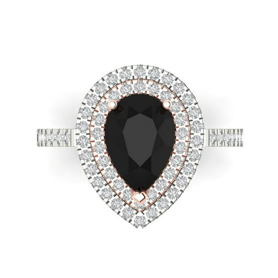 Clara Pucci 14K White/Rose Gold Solid Gold Onyx Halo Anniversary Ring for Women - 2.48 cttw Pear Cut