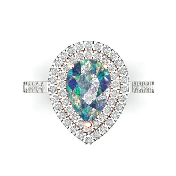 2.48 ct Pear Cut Blue Moissanite with Simulated Diamond Halo Accents 18K White/Rose Gold Womens Engagement Ring