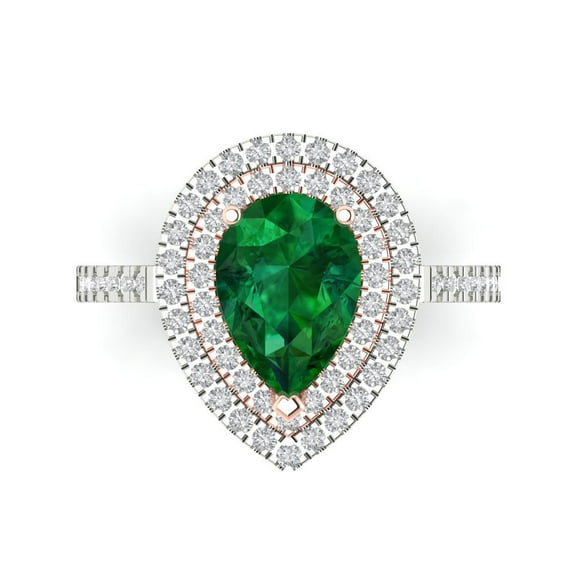 2.48 ctw with Simulated Diamond Halo Accents Anniversary Ring for Women | Pear Cut Simulated Emerald | Hyperallergenic Solid 18K White/Rose Gold