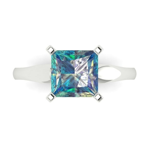 2.5 ct Princess Cut Blue Moissanite Solitaire 14K White Gold Womens Engagement Ring