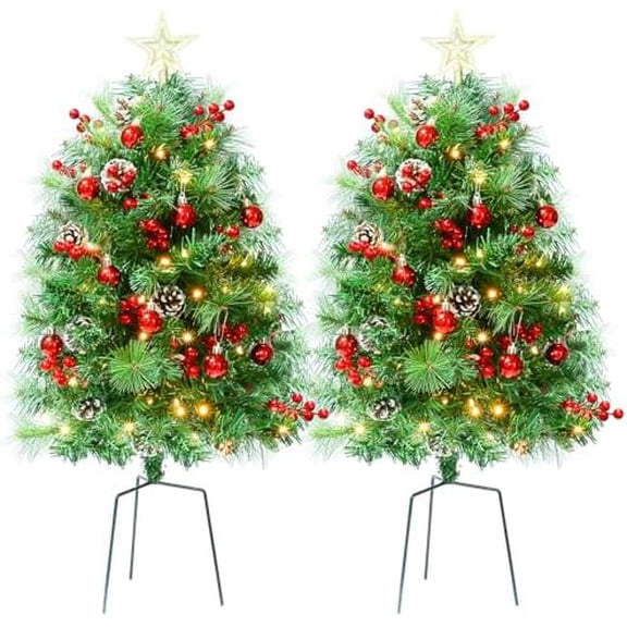 2.5ft/30in Topsworth Prelit Planter Bushes Christmas, Porch Prelit Christmas Tree Set of 2, Outdoor Urn Filler, Christmas Tree with Lights, Red Berries, Pine Cones, for Pathway Entryway Yard